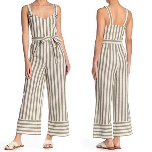 NEW Light Moss Olive Green Striped Tie Waist Linen Cotton Blend Jumpsuits $140 - Picture 5 of 8